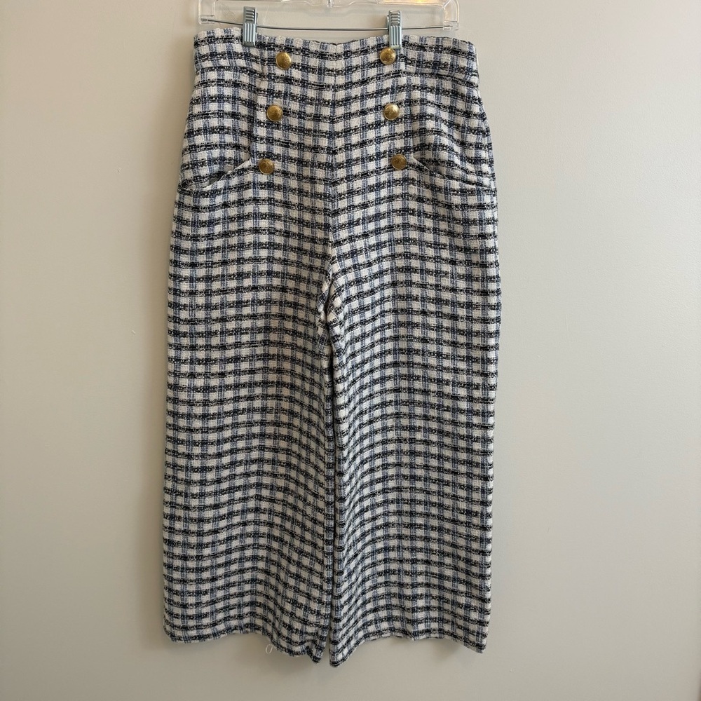 Zara Women's Size L Cropped‎ Tweed Sailor Pants Blue White Plaid Gold Buttons